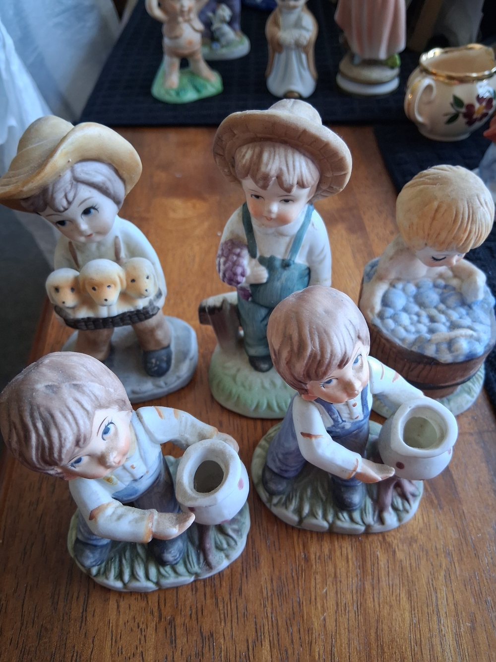 5 Vintage Ceramic Farm Boy Figurine Set in Cream and Pastel Colors - Unbranded
